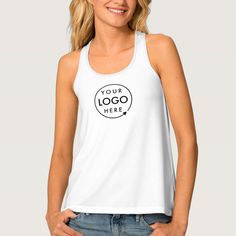 Business Logo Employee Staff Minimalist White Tank Top, Women's, Size: Large, Pale Blue Gender: female. Age Group: adult. Tank Top Template, Top Template, Summer Uniform, Modern Minimalist Style, Business Outfits Women, Minimalist White, Business Tops, Logo Business, Outfits Women