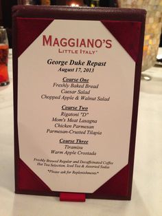 the menu for magliano's little italy is displayed on a white tablecloth