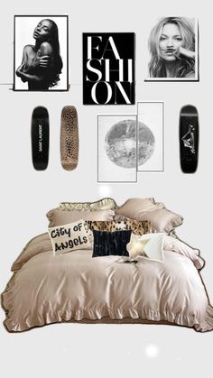 an image of a bedroom setting with skateboards on the wall and pictures above it