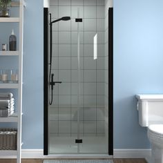 a white toilet sitting next to a shower in a blue bathroom with shelves on the wall