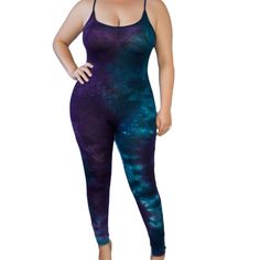 Shop For More On Shopbaddangel.Com. The Sky Is The Limit With This Body Con Jumpsuit! The Galaxy Jumpsuit Gets Its Name From The Blue And Purple Tie Dye Design That Mimics The Great Beyond. It Has A Stretchy And Soft, Cotton-Like, Material With An Assortment Of Sizes Up To 2xl! The Cleavage Is A Scoop Neckline And The Straps Are Sexy Spaghetti Straps. Model Is Wearing Size L. Fabric: 95% Rayon, 5% Spandex Olive Green Romper, Metallic Jumpsuits, Utility Romper, Boutique Pants, Tie Dye Jumpsuit, The Sky Is The Limit, Jumpsuit Blue, Boho Romper, Sky Is The Limit