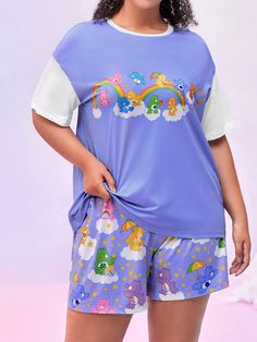 Plus Size Women Adorable Homewear  Heart, Star, Rainbow, Bear Cartoon Print White Contrast Panel Round Neck Drop Shoulder Loose Blue T-Shirt And Shorts Pajama Set Multicolor   Short Sleeve Knitted Fabric Cartoon  High Stretch Summer Women Plus Sleep and Lounge, size features are:Bust: ,Length: ,Sleeve Length: