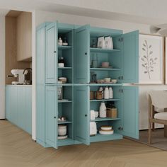 an open cabinet in the middle of a room