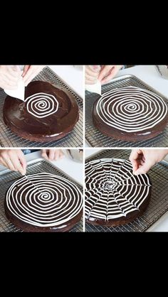 four pictures showing how to decorate a chocolate cake with white icing and spiral designs