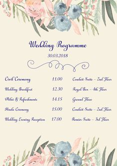 a wedding program with flowers and greenery on the front, in pastel colors