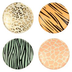 four different animal print plates on a white background