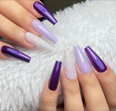 Ongles Gel Violet, Violet Nails, Nails With Glitter, Unghie Sfumate, Purple Acrylic Nails, Purple Nail Designs, Lavender Nails, Purple Nail, Coffin Shape Nails