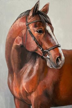 a painting of a brown horse wearing a bridle