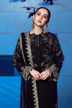 Latest Black Chiffon Party Wear Silk Chiffon Dress For Eid Party, Silk Chiffon Party Dress For Eid, Formal Chiffon Dresses With Intricate Embroidery, Black Dabka Work Party Dress, Black Organza Dress For Festive Occasions, Black Party Dress With Dabka Work, Elegant Party Dresses With Dabka Work, Elegant Evening Dress With Dabka Work, Evening Chiffon Dress With Dupatta