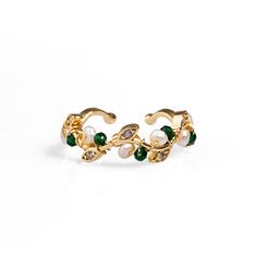 Cleopatra Pearl & Jade Floral Minimalist Dainty Ring - Green Elegant Green Open Band Jewelry, Elegant Gold Plated May Birthstone Ring, Elegant Gold Plated Rings For May Birthstone, Elegant May Birthstone Open Ring, Elegant Adjustable Rings With Jewels, Elegant Adjustable Rings For May Birthstone, Elegant Adjustable Ring With May Birthstone, Elegant Green Open Ring Jewelry, Mystical Design