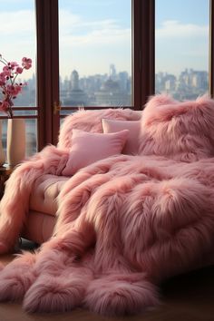 a living room with pink fur on the couch