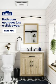 a bathroom with white walls and black and white checkered flooring is featured in this ad