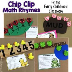 several pictures of different activities for the early childhood classroom, including numbers and letters to match with each other