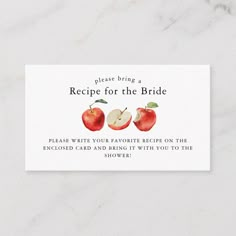 a card with an apple on it that says, please bring a recipe for the bride