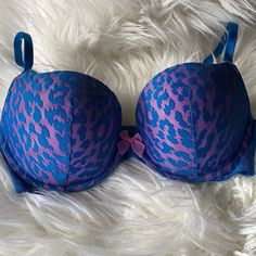 Victorias Secret Very Sexy Padded Demi Bra Blue Lace Over Bubblegum Pink Cups Lined In Leopard Print Fabric Pink Bow On Center Front! New Without Tags!!! Fitted Blue Bra With Medium Bust Support, Pink Stretch Bra For Night Out, Pink Underwire Bra For Night Out, Blue Fitted Push-up Bra, Fitted Blue Push-up Bra, Pink Lined Bra For Night Out, Pink Lined Body Bra For Night Out, Blue Fitted Bra With Removable Pads, Blue Party Bra With Padded Cups