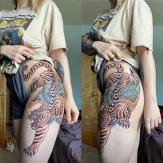 a woman with tattoos on her legs and thigh