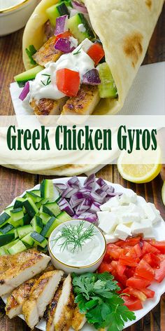 greek chicken gyros with vegetables and pita bread