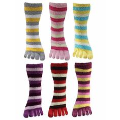 Keep your feet warm and cozy this winter in these fun tri-color striped fuzzy toe socks. These soft and plush socks come six in a pack. Exact colors and variation of toe socks may vary slightly due to manufacturer packaging. These fuzzy toe socks are made from 98% polyester and 2% spandex blend. Each pair is individually carded. These socks make a great gift. Wear fuzzy toe socks on cold winter days, Surround each individual toe with a warm layer of plush fabric. Product Code: L01562 SKU: L01562 Socks Fuzzy, Color Socks, Fuzzy Socks, Pretty Designs, Cozy Socks, Toe Socks, Striped Socks, Colorful Socks, Christmas Socks