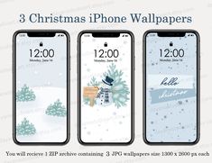 three iphones with christmas wallpapers on them