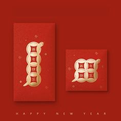 two red and gold greeting cards with the words happy new year written in chinese characters