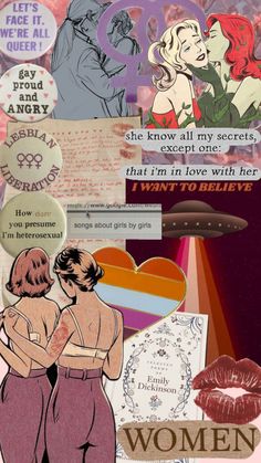 collage of women with different types of words and pictures on them, including an image of two woman hugging each other