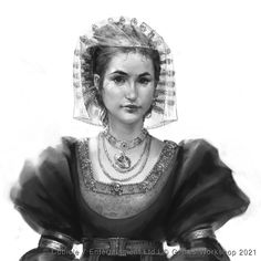 a black and white drawing of a woman in medieval dress with a veil on her head