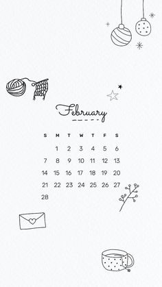 a calendar with drawings on it and the date for feb to december in black and white