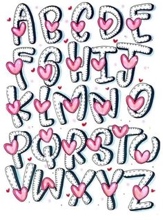 the letters and numbers are made up of hearts in pink, white, and black