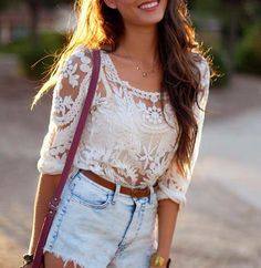 Soft ivory crochet details adorn this sweet blouse. An intricate crochet design pairs with long sleeves and a sweet rounded hem. Semi-sheer design with a darling rounded neckline. Color: Ivory 100% cotton Imported Hand wash cold Small/Med Med/Large Bust 37 39 Waist 36 38 Hips 38 39 Length 27 27 Bust, waist, and hip measurements are a total circumference. Length is measured from the top of the blouse to the hem. Measurements are an estimate. Summer Outfits 2015, Country Outfits Women, Wedding Day Dresses, Top In Pizzo, 2015 Outfits, Lace Long Sleeve Shirt, Summer Fashion For Teens, Boho Trends, Summer Shorts Denim