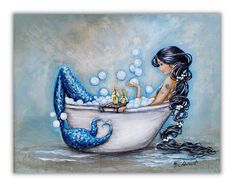 a painting of a mermaid sitting in a bathtub with bubbles