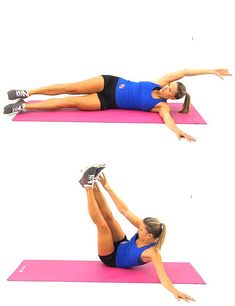 a woman doing an exercise on a pink mat