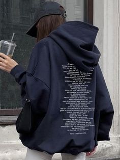 Navy Blue Casual Collar Long Sleeve Fabric Slogan Pullovers Embellished Non-Stretch  Women Clothing Effortless Style Fall, Casual Chic Fall, Drop Shoulder Hoodie, Chic Fall Outfits, Hoodie Outfit, Blue Hoodie, Oversize Hoodie, Hoodie Design, Graphic Hoodies