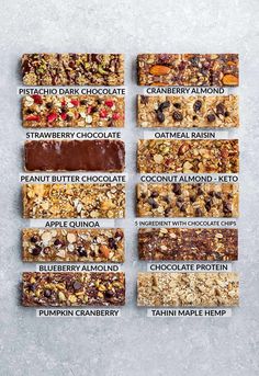 six bars with different types of granola and chocolate toppings on them, lined up in rows