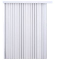 a white window with vertical blinds on the top and bottom panel, in front of a white background