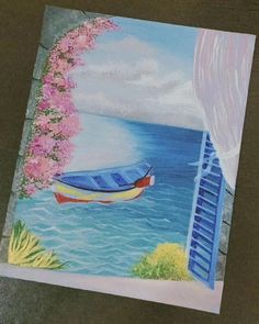 a painting of a boat in the water with pink flowers on it's side