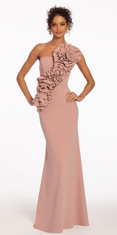 Camille La Vie Crepe One Shoulder Column Dress with Origami Rosette Detail One Shoulder Neckline, Black Women Dress, Mother Of The Bride Dresses Long, Mother Of Groom Dresses, Evening Party Gowns, One Shoulder Gown, Column Dress, Glamorous Style, Funky Fashion