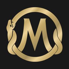 the letter m with a snake in it's center on a black and gold background