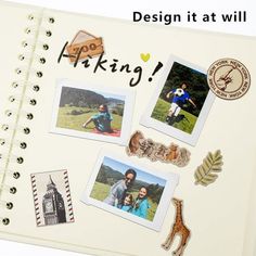 an open notebook with pictures on it and the words design it at will written in cursive writing