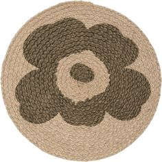 a brown and white rug with an abstract flower on it's center piece, in the shape of a circle