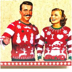 two people wearing ugly ugly christmas sweaters