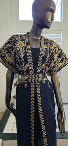 Palestinian Jordanian Dark Blue (Navy Blue) Embroidered Tatreez Abaya Bisht Kaftan Thobe with Gold embroidery & an Embroidered belt and an Embroidered belt open from the front and the sides Basic information: high quality Arab embroidered  Dark Blue (Navy Blue) base dress with Gold tatreez Condition : NEW Price : 75$ Size : Free Size (Fits Small, Medium and Large) Length: 59" Inches Shipping : Free with USPS Priority Mail Shipping - No Returns & Exchange Accepted please review all photos along w Embroidered Belt, Dark Blue Dress, Christian Fashion, Arab Women, Gold Embroidery, Dress Clothes For Women, Priority Mail, Free Size, Blue Dresses