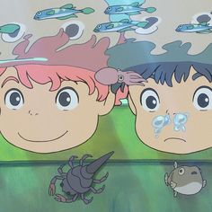 two children looking at fish in the water with their faces painted like they are crying