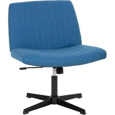 a blue office chair sitting on top of a black metal base