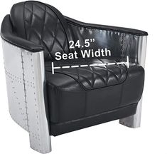 a black and white leather chair with measurements for the seat width on it's back