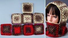 there is a crocheted hat with squares on it and two photos of the same item