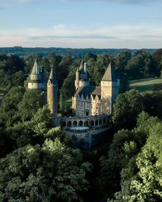 an aerial view of a castle surrounded by trees