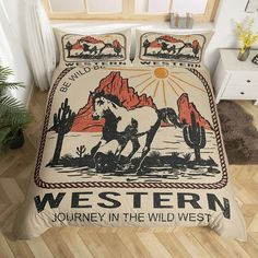 a bed with a horse and mountains on it