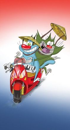 two cartoon cats riding on the back of a red scooter with an umbrella