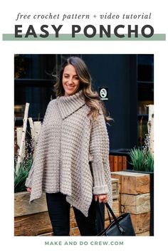 a woman wearing a knitted poncho with text overlay that reads, free crochet pattern and video tutor