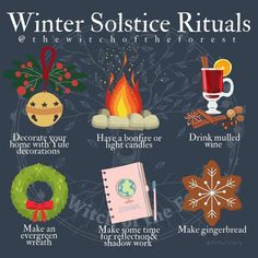 the winter solstic rituals poster is shown with different things to eat and drink